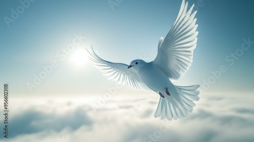 White Dove Soaring Through Clouds - Symbol of Peace and Hope