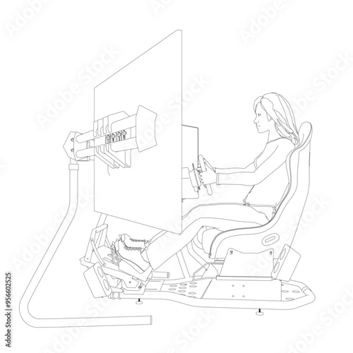 Outline of a girl sitting at a realistic gaming simulator with a steering wheel, pedals and three monitors made of black lines isolated on a white background. Side view. Vector illustration.