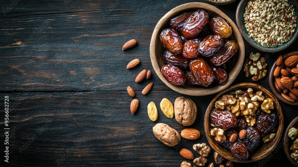 Flat lay of a variety of dates with nuts and seeds on a dark wooden table, showcasing a healthy snack combination with a rustic, organic feel Flat lay of a variety of dates with nuts and seeds on a dark wooden table, showcasing a healthy snack combination with a rustic, organic feel