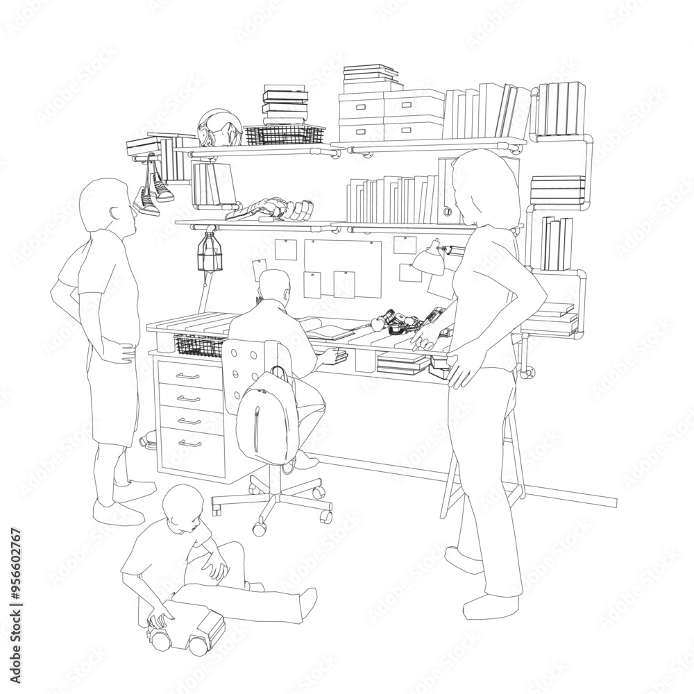 Outline of children room with table and many interior objects. Father and mother are standing next to their children. Small child playing on the floor. Child sitting at the table. Vector illustration. Outline of children room with table and many interior objects. Father and mother are standing next to their children. Small child playing on the floor. Child sitting at the table. Vector illustration.