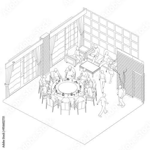 Outline of people sitting in restaurant on chairs and sofa from black lines isolated on white background. Restaurant interior. Isometric view. Vector illustration.