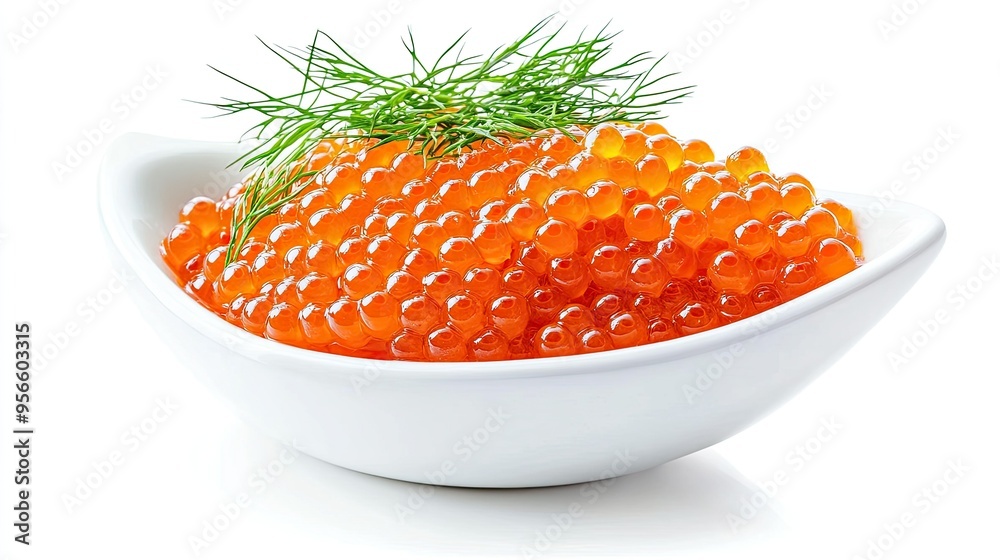 Fresh pike caviar garnished with dill in an elegant gravy boat, isolated on a white background, highlighting the rich texture and vibrant colors of the delicacy Fresh pike caviar garnished with dill in an elegant gravy boat, isolated on a white background, highlighting the rich texture and vibrant colors of the delicacy