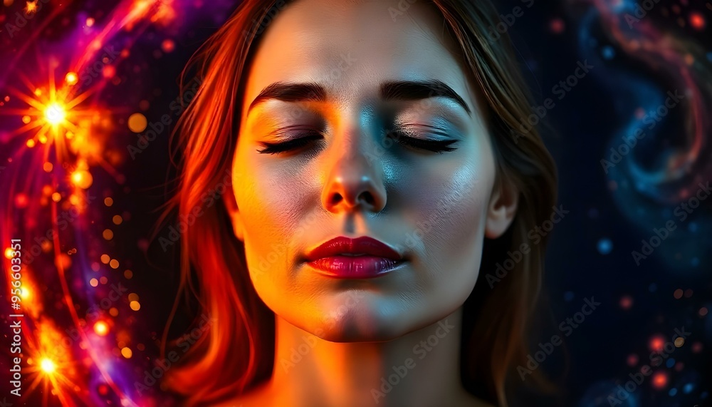 Making a wish, a focused woman closes her eyes to make a wish and the universe swirls around her Making a wish, a focused woman closes her eyes to make a wish and the universe swirls around her