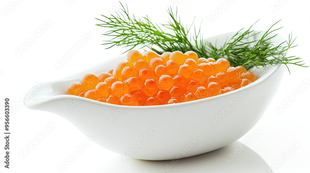Fresh pike caviar served in a sleek white gravy boat, garnished with fresh dill sprigs, elegantly isolated on a white background for a clean, appetizing look Fresh pike caviar served in a sleek white gravy boat, garnished with fresh dill sprigs, elegantly isolated on a white background for a clean, appetizing look