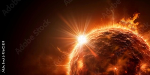 A stunning, fiery depiction of the sun shining brightly in outer space, showcasing its vibrant energy and intense heat against the vast, dark void of space. photo