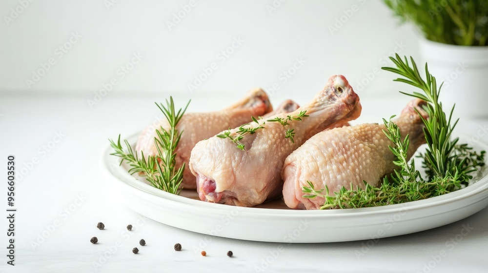 Fresh, uncooked chicken legs (Paha Ayam Mentah) on a white platter, garnished with herbs such as rosemary and thyme, set against a simple white kitchen background Fresh, uncooked chicken legs (Paha Ayam Mentah) on a white platter, garnished with herbs such as rosemary and thyme, set against a simple white kitchen background
