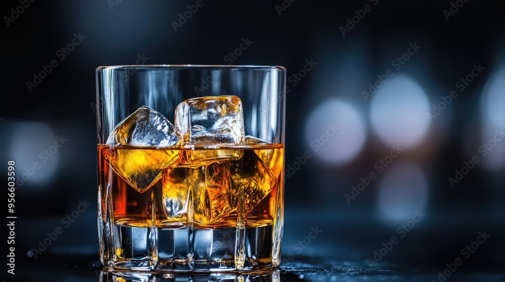 Glass of whiskey with ice cubes, selective focus on the ice and drink, set against a dramatic black background for a moody effect Glass of whiskey with ice cubes, selective focus on the ice and drink, set against a dramatic black background for a moody effect