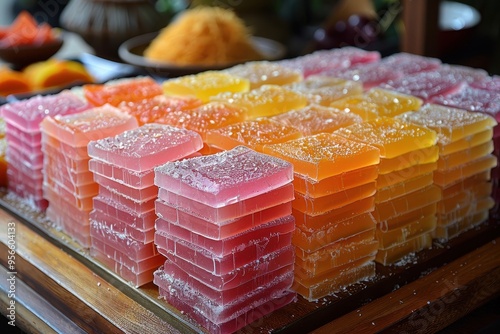 Malaysia: Kuih Lapis Multi-layered colorful steamed cake made from rice flour and coconut milk photo