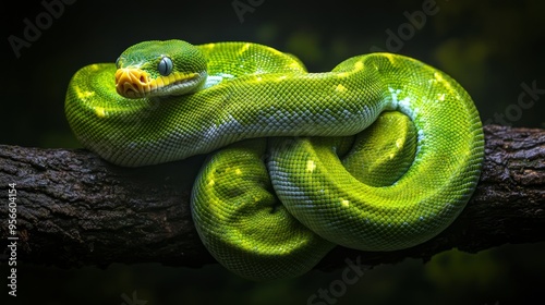 The Green Tree Python (Morelia viridis) also known as the Emerald Green Python.. photo