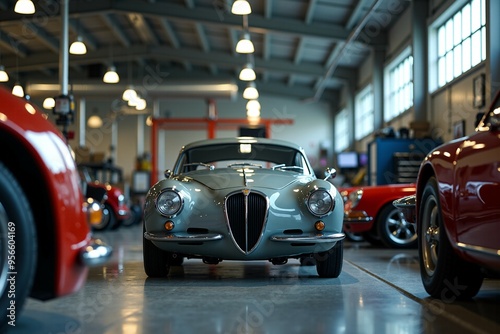 A silver car parked in a modern garage