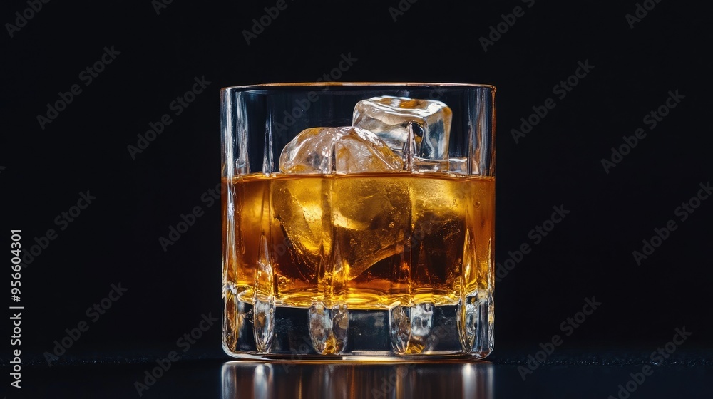 Low-angle shot of whiskey glass with ice, capturing the rich golden color of the liquid, with a black background adding drama Low-angle shot of whiskey glass with ice, capturing the rich golden color of the liquid, with a black background adding drama