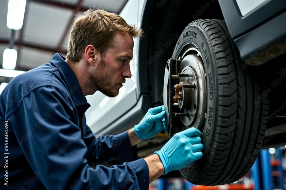 A person working on a car tire in a garage A person working on a car tire in a garage