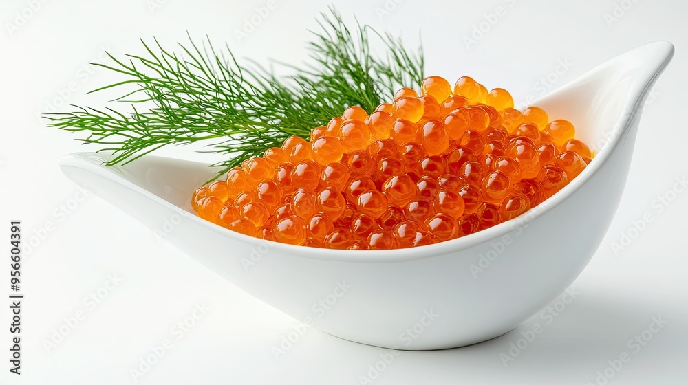Minimalist composition of fresh pike caviar and dill in a white gravy boat, isolated on white, emphasizing the vibrant colors and gourmet appeal Minimalist composition of fresh pike caviar and dill in a white gravy boat, isolated on white, emphasizing the vibrant colors and gourmet appeal