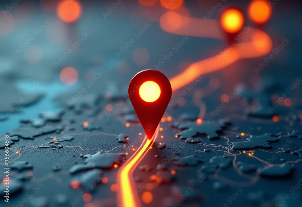 Abstract Representation of Navigation with Glowing Map Markers and Neon Path Abstract Representation of Navigation with Glowing Map Markers and Neon Path