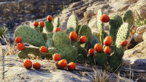 Opuntia ficus-indica, known as the prickly pear cactus, with vibrant fruits and spineless pads, isolated against a rocky desert background, showcasing its unique structure photo