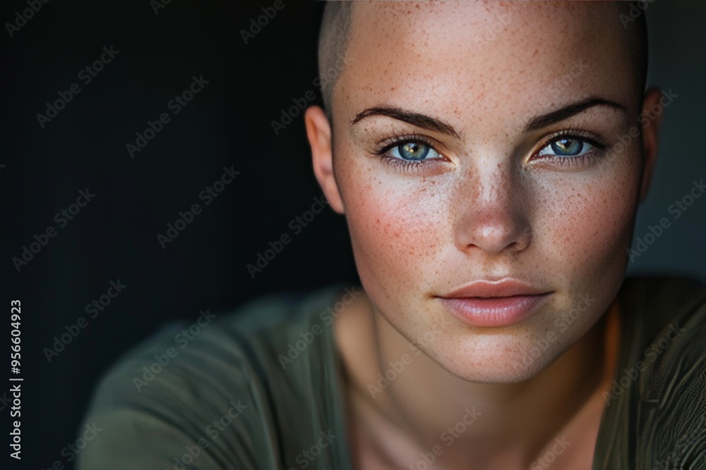 Close-Up Portrait of a Freckled Woman with Shaved Head and Intense Blue Eyes Close-Up Portrait of a Freckled Woman with Shaved Head and Intense Blue Eyes