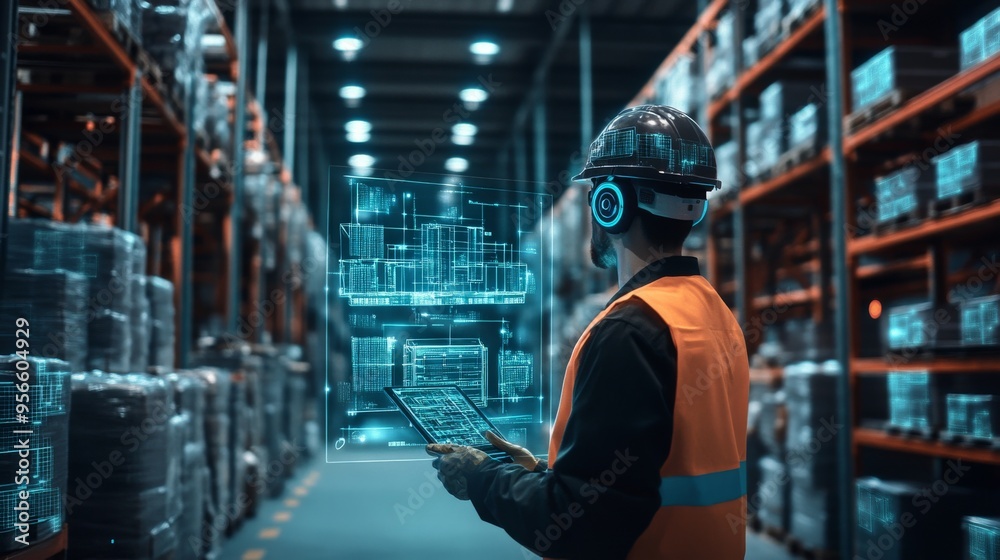 A man is standing inside a large warehouse while attentively looking at a tablet device in his hands, immersed in his task at hand A man is standing inside a large warehouse while attentively looking at a tablet device in his hands, immersed in his task at hand