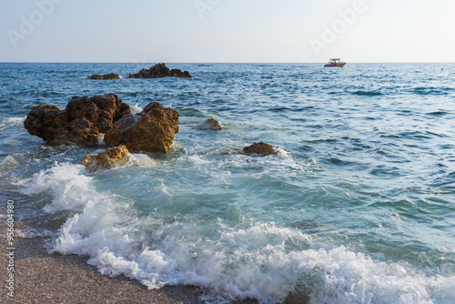 Fototapeta Naklejka Na Ścianę i Meble -  Landscape with shore waves and coastal rocks. Kargicak