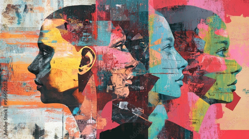 Fototapeta premium Abstract Collage of Three Faces in Profile