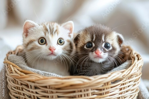 Two Adorable Kittens Resting in a Wicker Basket photo