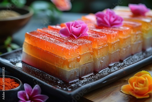 Malaysia: Kuih Lapis Multi-layered colorful steamed cake made from rice flour and coconut milk photo