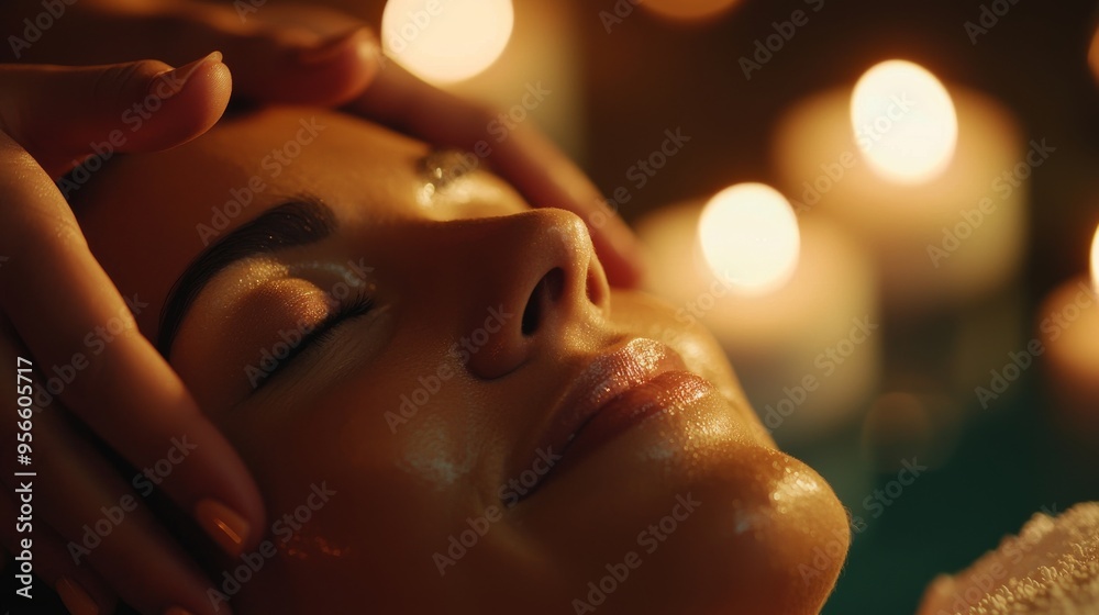 Close-Up of a Woman Receiving a Soothing Facial Massage in a Warm Candlelit Spa Setting Close-Up of a Woman Receiving a Soothing Facial Massage in a Warm Candlelit Spa Setting