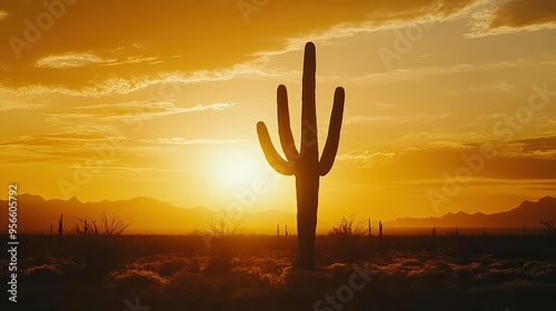 Silhouette of a cactus at sunrise, with the first light of day creating a dramatic outline against the golden hues of the morning sky, capturing a serene moment