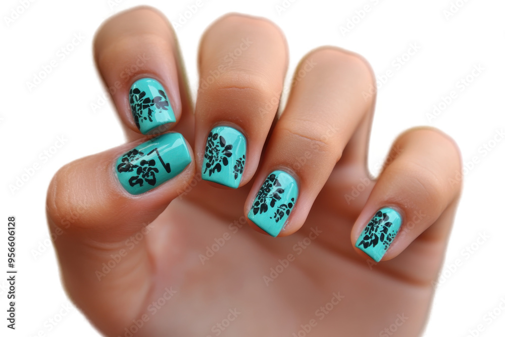 Floral Nail Art on Turquoise Nails - Close-Up of Manicure Isolated on Transparent Background Floral Nail Art on Turquoise Nails - Close-Up of Manicure Isolated on Transparent Background