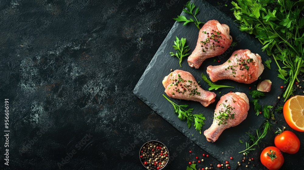 Top view of raw chicken legs (Paha Ayam Mentah) with fresh herbs and spices on a dark slate plate, emphasizing a clean, gourmet cooking preparation style Top view of raw chicken legs (Paha Ayam Mentah) with fresh herbs and spices on a dark slate plate, emphasizing a clean, gourmet cooking preparation style