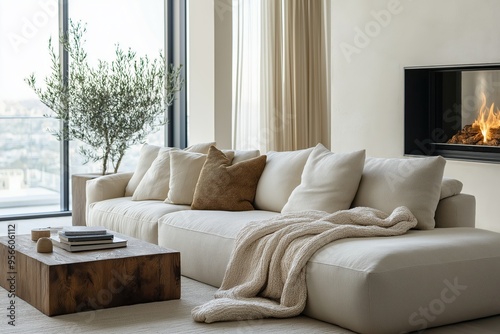 Cozy living room with large windows, a fireplace, and a comfortable sectional sofa during a cloudy day in a modern apartment