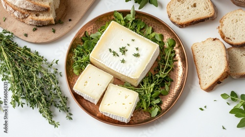 Top-down view of a copper plate with blocks of kashkaval cheese, surrounded by fresh herbs and rustic bread pieces, isolated on a bright white surface photo