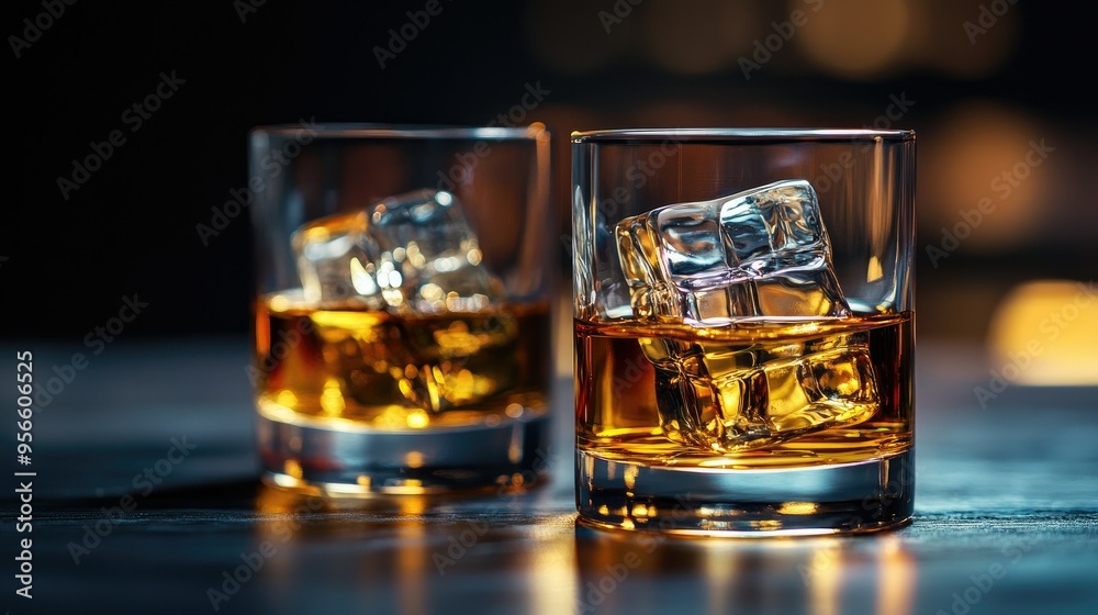 Two glasses of whisky with large ice cubes, set against a dark background, with selective focus on the glistening ice and golden hue of the drink Two glasses of whisky with large ice cubes, set against a dark background, with selective focus on the glistening ice and golden hue of the drink