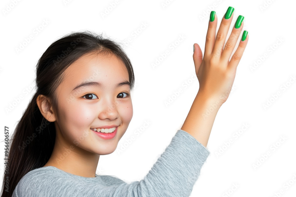 Cheerful Asian Teen Girl High-Fiving with Green Nails on Isolated Transparent Background Cheerful Asian Teen Girl High-Fiving with Green Nails on Isolated Transparent Background
