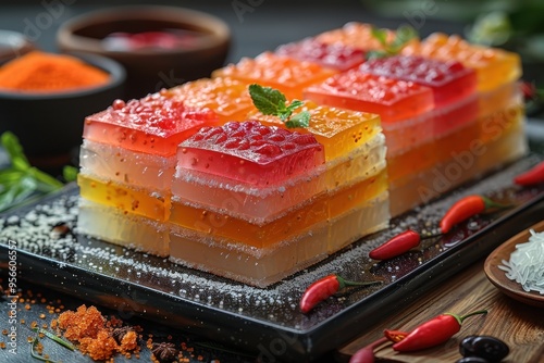 Malaysia: Kuih Lapis Multi-layered colorful steamed cake made from rice flour and coconut milk photo