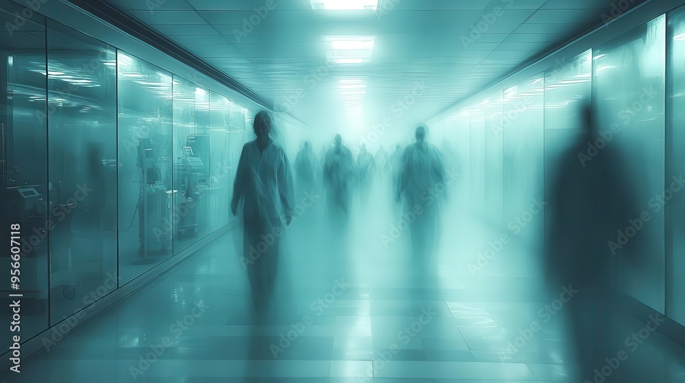 ethereal hospital corridor with blurred figures of doctors and patients soft diffused lighting creates a dreamlike atmosphere modern medical equipment visible through frosted glass partitions ethereal hospital corridor with blurred figures of doctors and patients soft diffused lighting creates a dreamlike atmosphere modern medical equipment visible through frosted glass partitions