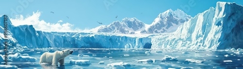 A pristine glacier slowly melting into the ocean, with polar bears and seals navigating the icy waters, illustrating the effects of climate change