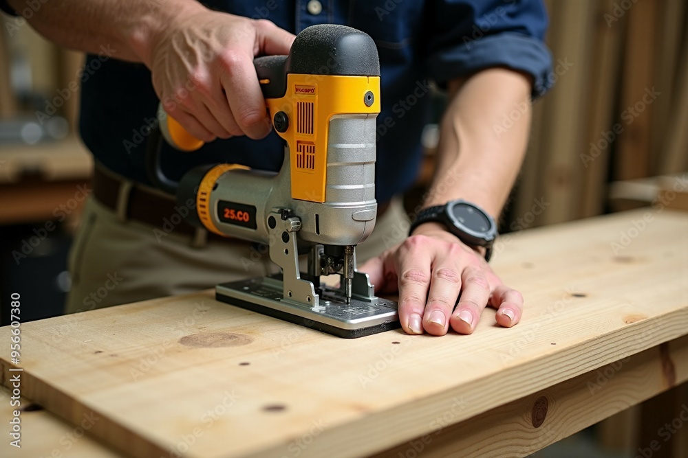 A person is using a cordless jigsaw to cut a wooden piece A person is using a cordless jigsaw to cut a wooden piece
