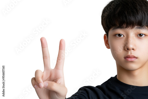 Young Asian Teen Making Peace Sign Isolated on Transparent Background photo