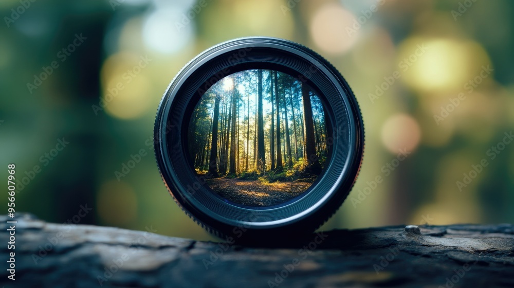 A close-up of a camera lens with a reflection of a forest scene, with the lens details and reflections in sharp focus. A close-up of a camera lens with a reflection of a forest scene, with the lens details and reflections in sharp focus.