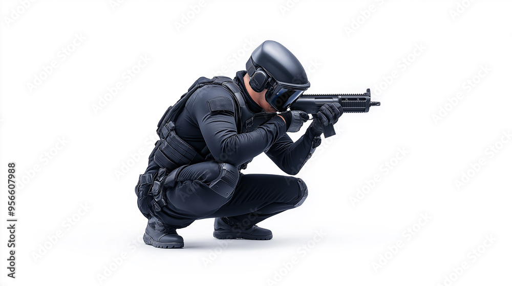 Futuristic android soldier in bulletproof armor, military cyborg armed with sci-fi rifle gun crouching on white background Futuristic android soldier in bulletproof armor, military cyborg armed with sci-fi rifle gun crouching on white background