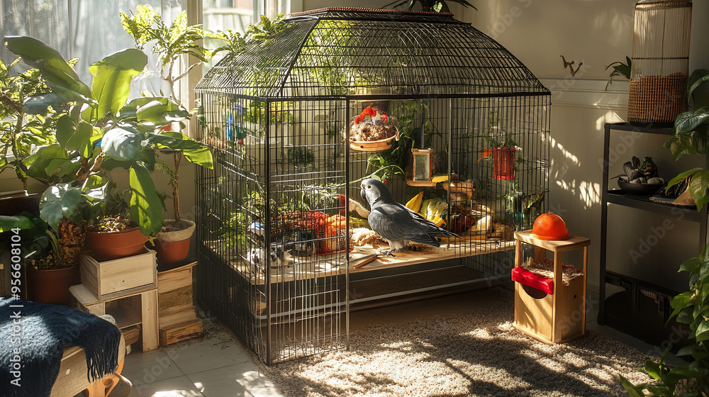 Naklejka premium A beautiful, large birdcage housing an African Grey parrot, with various perches and toys creating a lively environment.