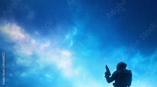 Futuristic armored space warrior stands amidst a swirling galaxy of stars, illustrating a sci-fi universe themed with vivid interstellar combat