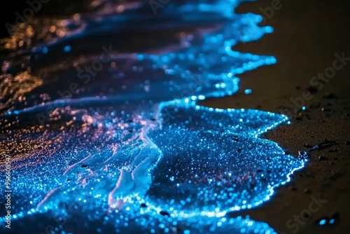 Bioluminescent Waves Crashing on a Sandy Beach at Night