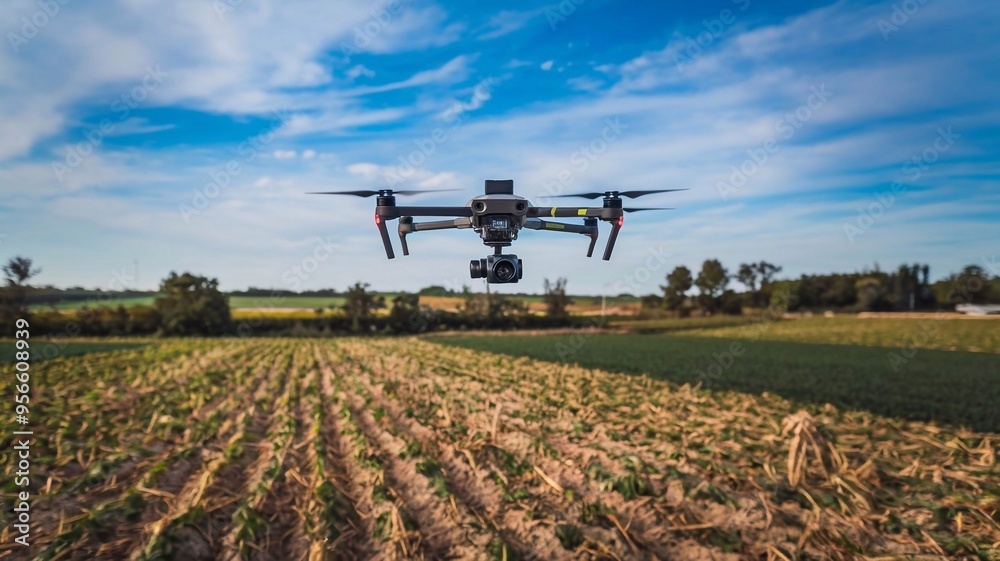 Quadcopter with camera flying over field. Smart agriculture concept Quadcopter with camera flying over field. Smart agriculture concept