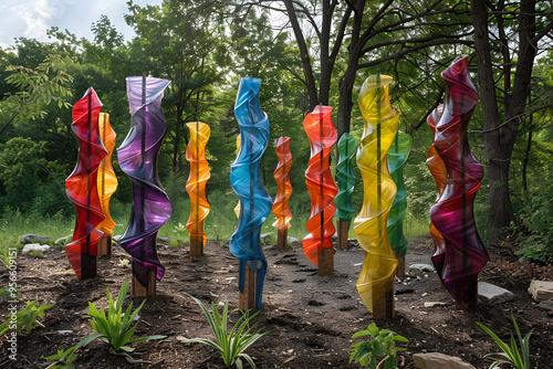 A serene outdoor art installation featuring vibrant, swirling sculptures arranged in a dynamic line, standing amidst lush greenery