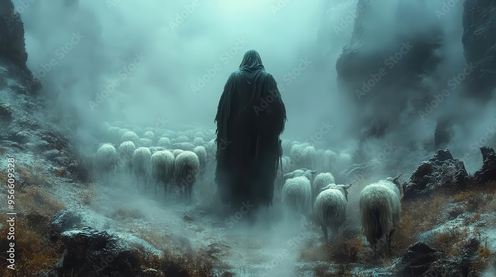 ethereal shepherd figure guides flock through misty landscape soft dreamlike lighting allegorical spiritual artwork ethereal shepherd figure guides flock through misty landscape soft dreamlike lighting allegorical spiritual artwork