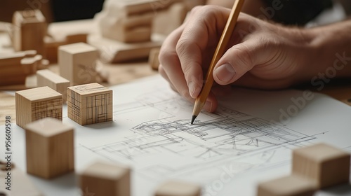 Designer Drawing Architectural Plans on White Paper with Wooden Blocks