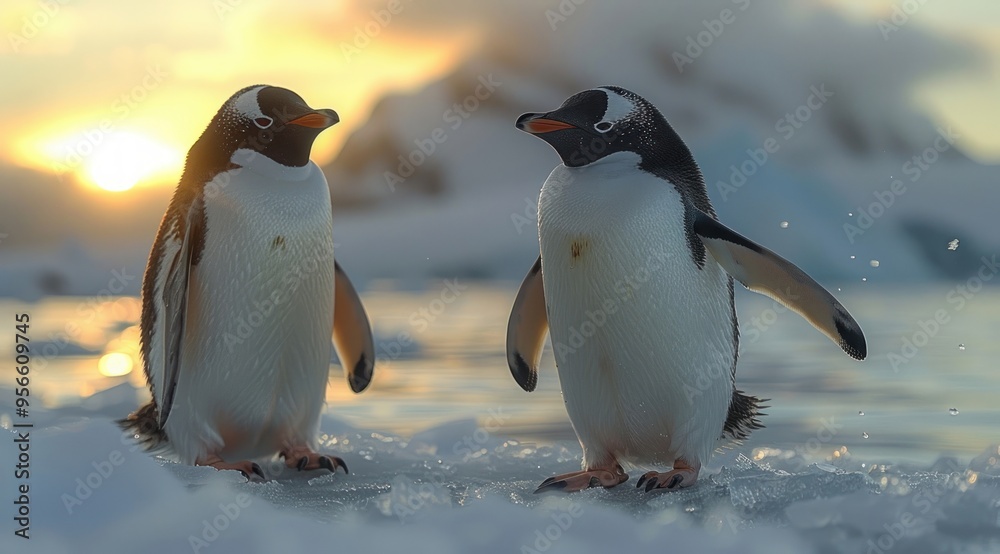 Fototapeta premium Penguin Sunset Stroll.