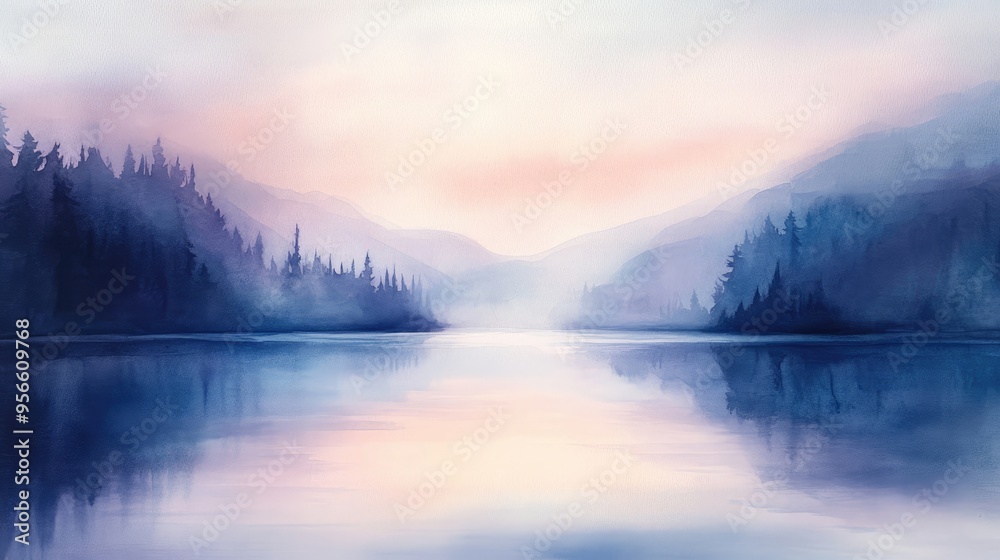 Fototapeta premium Watercolor Painting of a Mountain Lake at Dawn