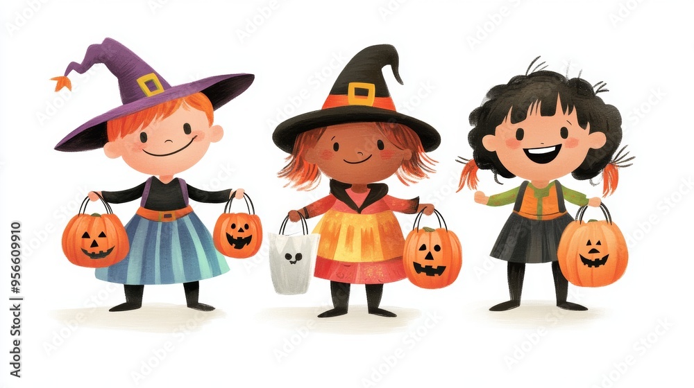 A playful halloween illustration featuring three children in colorful costumes, including a witch, a pirate, and a pumpkin, all standing in a line. Each child is holding a trick-or-treat bag and A playful halloween illustration featuring three children in colorful costumes, including a witch, a pirate, and a pumpkin, all standing in a line. Each child is holding a trick-or-treat bag and